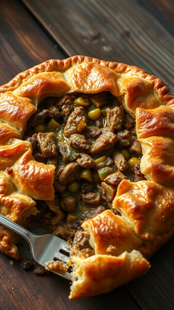 Crusty No One Tattoo Recipe A crusty savory pie filled with meats and vegetables, golden-brown crust, on a wooden table.
